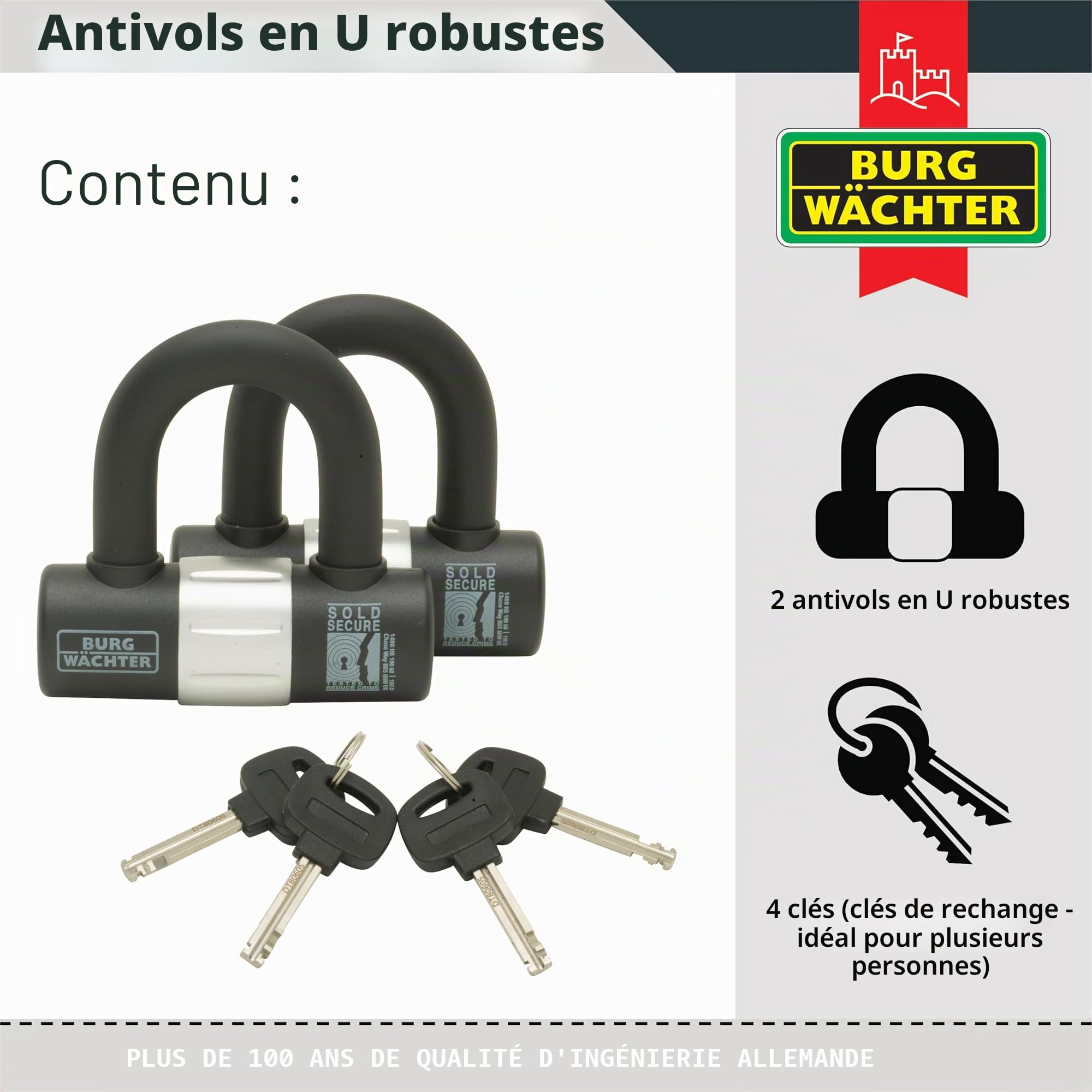 Burg-Wachter Lot de 2 cadenas en U 100D avec clés identiques Doré