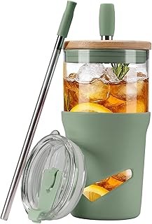 Glass Tumbler with Lids and Straws, 20 oz Iced Coffee Cup and Smoothie Cup with Bamboo Lid and On the go Lid,Glass Cups With Straws