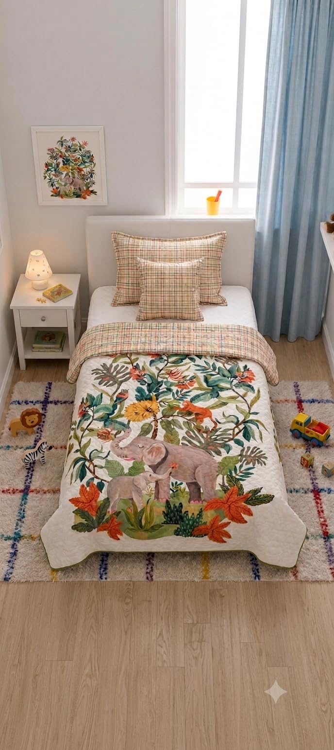 100% Cotton Quilt for Kids, Reversible Double-Sided Digital Printed Baby Quilt, Lightweight, AC Blanket & Winter Comforter for Boys and Girls, Single Bed, 60 x 90Inch (Elephant Forest Digital Printed)-image-37