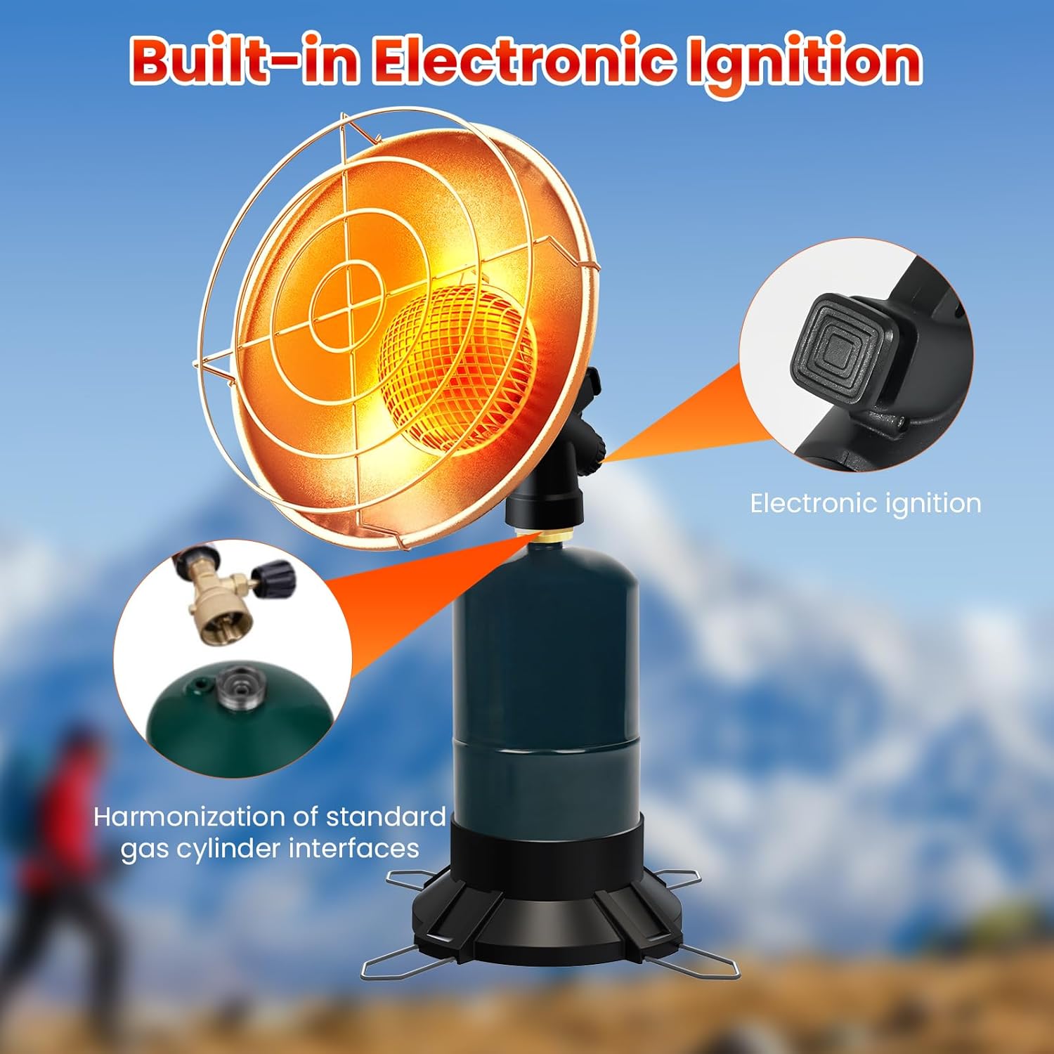 Portable Propane Heater Camping 6500 BTU Small Propane Heater with Electric Igniter, Control Valve, Folding Out Legs Base, Golf Cart, Ice Fishing, Hunting, Tent Heaters Cordless(Fuel Not Included)