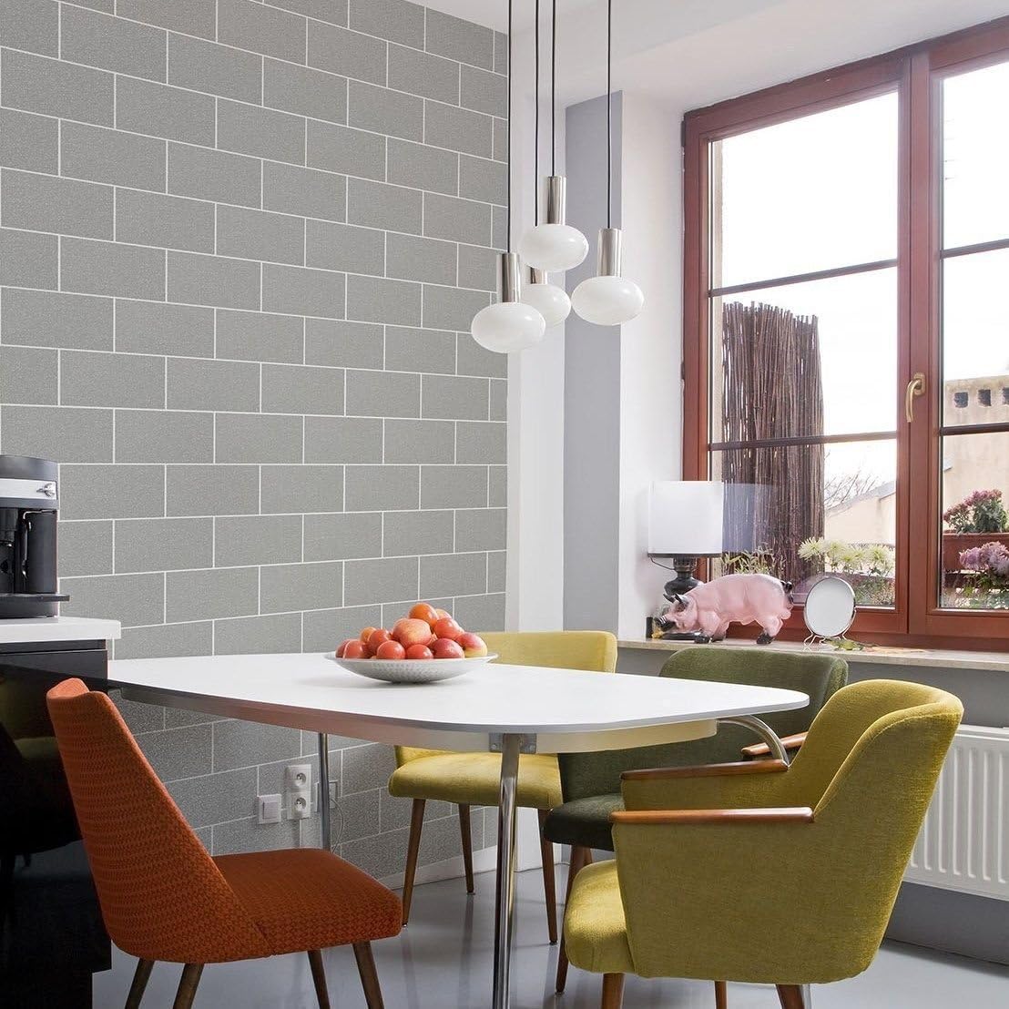 CWV Wallcoverings Brick Effect Wallpaper Kitchen Bathroom Vinyl Glitter Textured Grey White