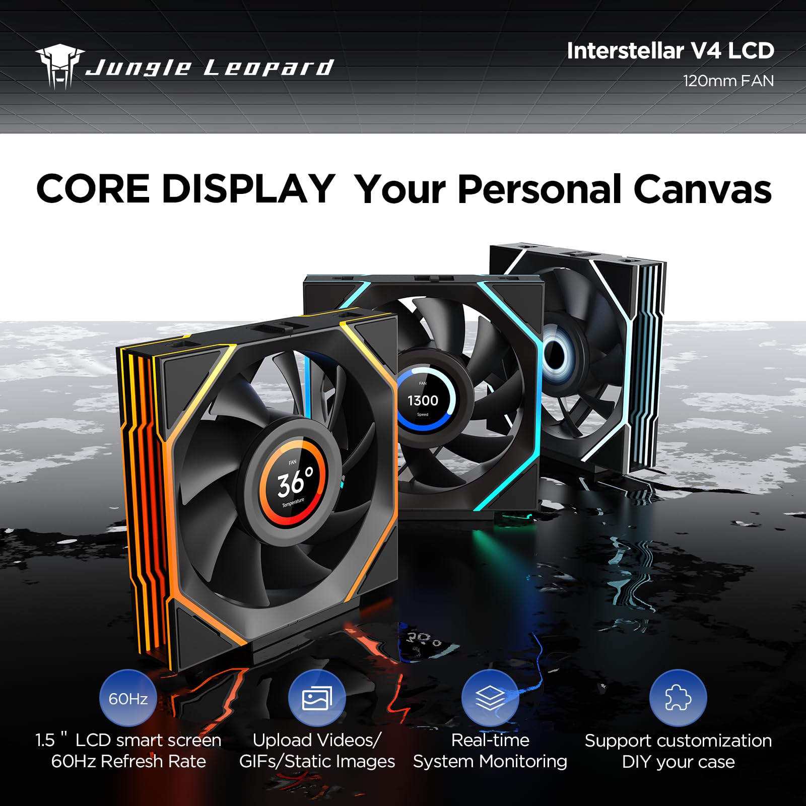 TZMRIT Interstellar-V4 LCD Daisy Chain RGB PC Fan 120 mm, 1.5 Inch LCD/24 LEDs/2100 RPM/61.54CFM/28 mm (Black Reverse)