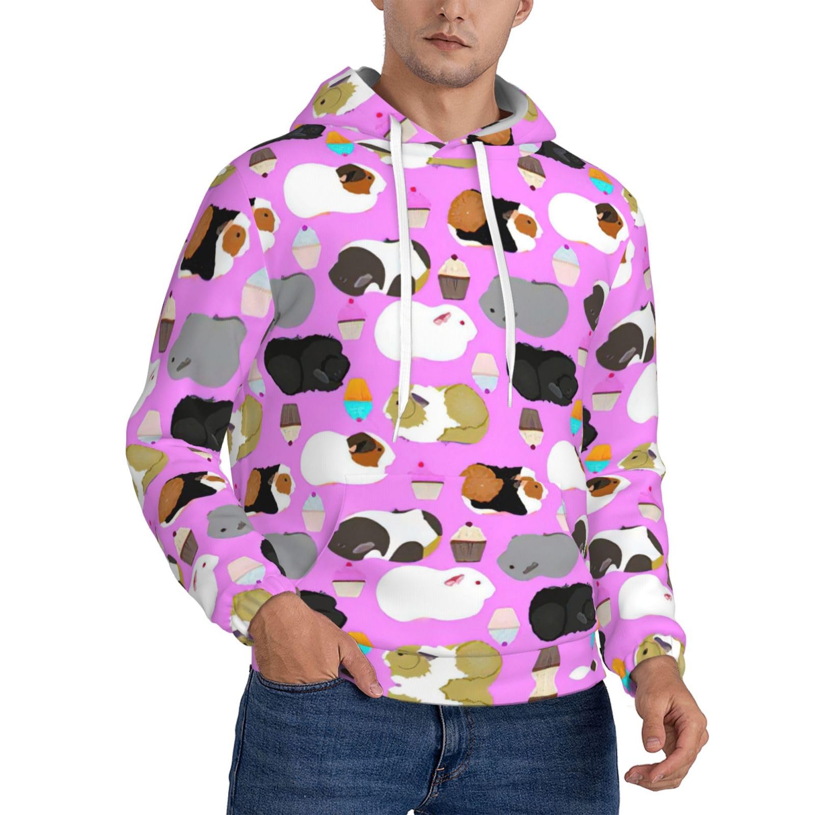Bkdogkt Men's Black Guinea Pigs And Cupcakes Print Sweatshirt Hoodie Warm Soft Casual Hooded Hoodie With Pockets Moisture Wicking, Large