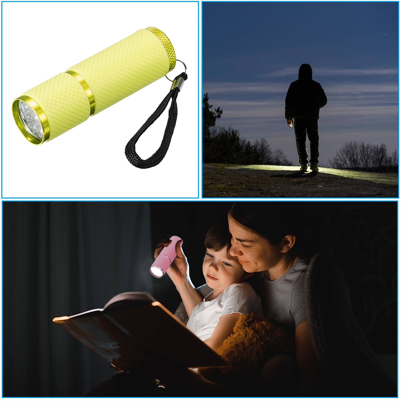 PATIKIL 9 LED Lueur Dans Sombre Lampes Poche, Mini Aluminium Lampe Poche Caoutchouc Enduit Lampe Poche Avec Sangle Pour Camping, Randonnée, Fête, Jaune