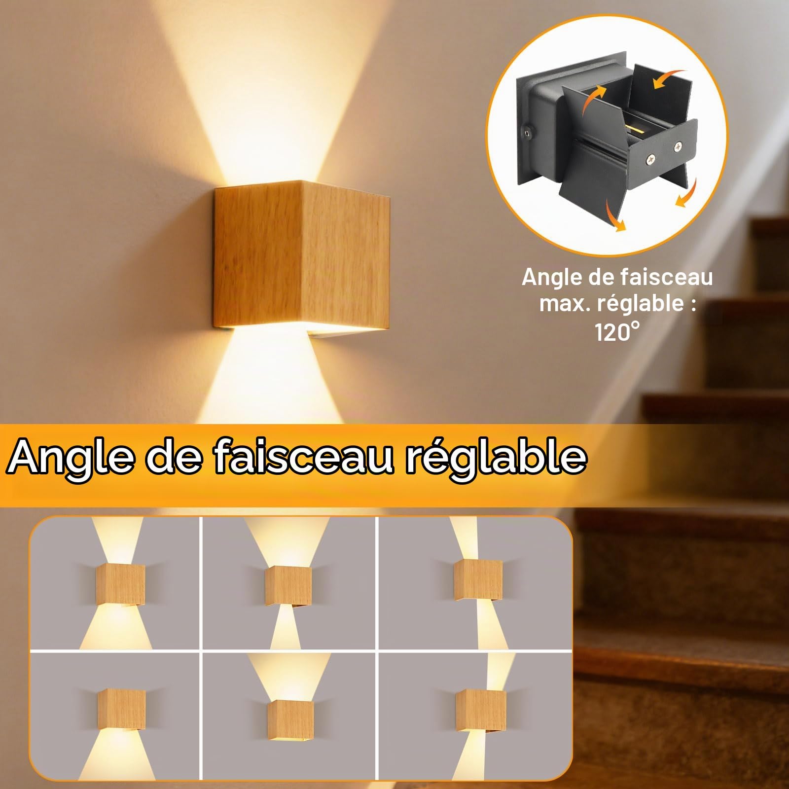 2Paire Applique Murale LED Intérieur 8W,Bois 3000K Carrée Blanc Chaud Décor
