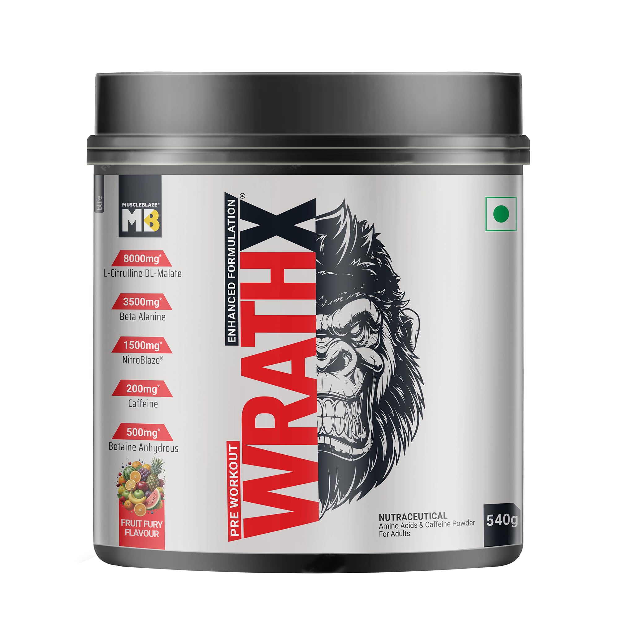 MuscleBlaze Pre Workout WrathX with Creapure, Nitroblaze & BioPerine (Fruit Fury, 510g, 30 Servings)-image-24