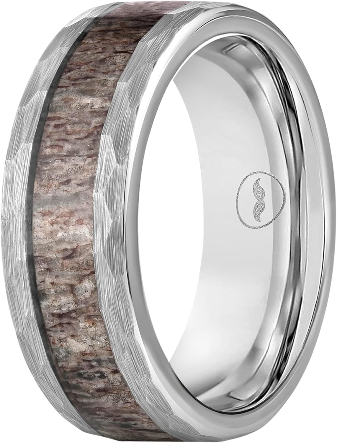 Gentlemen's Bands Silver Tungsten Hammered Men's Wedding Band with Deer Antler Inlay | Premium Tungsten Engagement/Wedding Ring for Men 8mm | Includes Silicone Band, Leather Pouch & Luxury Walnut Box