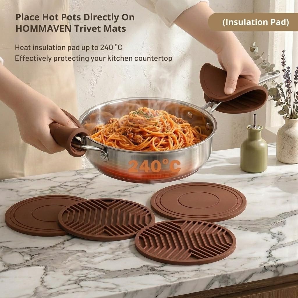 Silicone Trivet Mats, Set of 3, Heat and Slip Resistant, Multipurpose Non-Slip Hot Pads for Kitchen Potholders, Jar Opener, Spoon Holder, Food Grade BPA Free, 6.5mm Extra Thick, (Brown) thumbnail 4