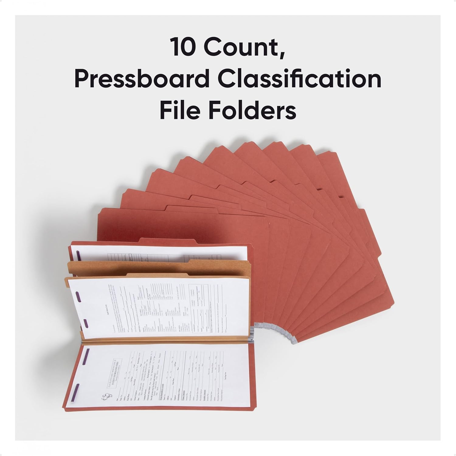 Smead Pressboard Legal Size File Folders with SafeSHIELD Fasteners, 2 Dividers, 2" Expansion, Office Folders, Paper Holder, Red, 10 per Box (19075)
