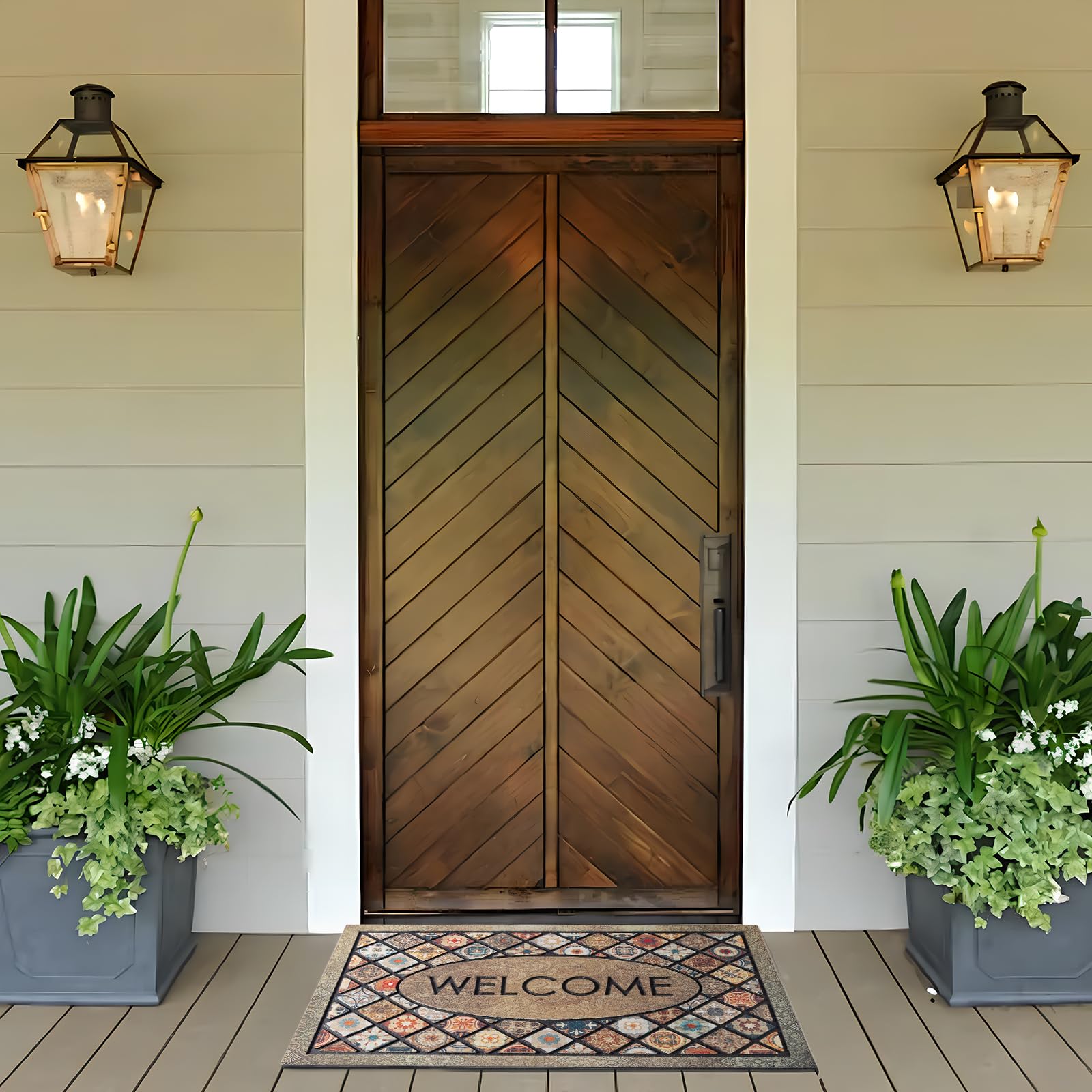 Durable Welcome Door Mats 24”x36” Large Front Door Mat Heavy Duty Outdoor Mat for Home Entrance Non-Slip Rubber Outside Door Mat Entryway Floor Mats，Flower