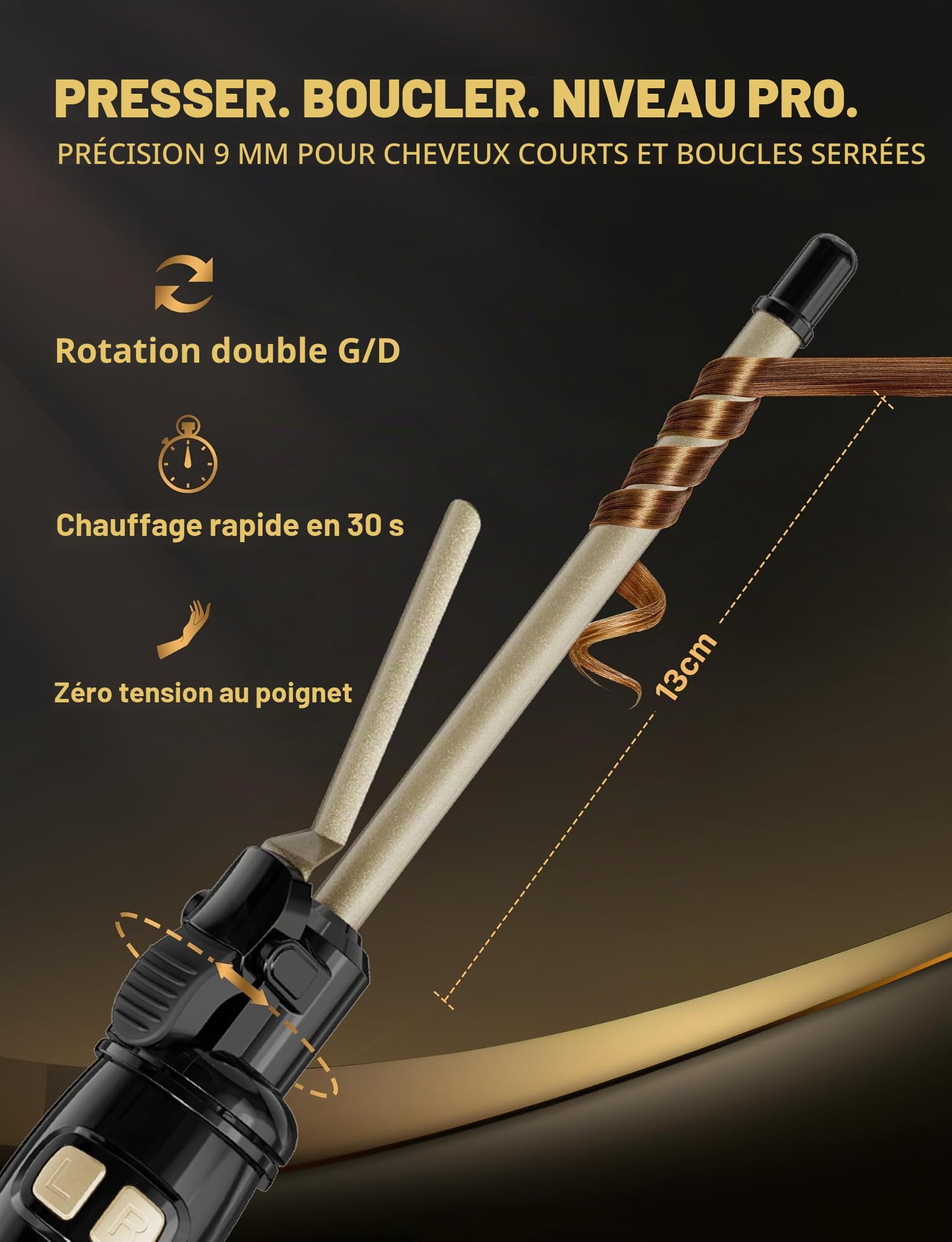 Boucleur À Cheveux Automatique 9mm - Fer À Boucler Automatique Pour Petites Boucles Avec 14 Niveaux De Chauffage (100-230 °C), Écran LED, Chauffage Rapide En 30 Secondes, Arrêt Automatique