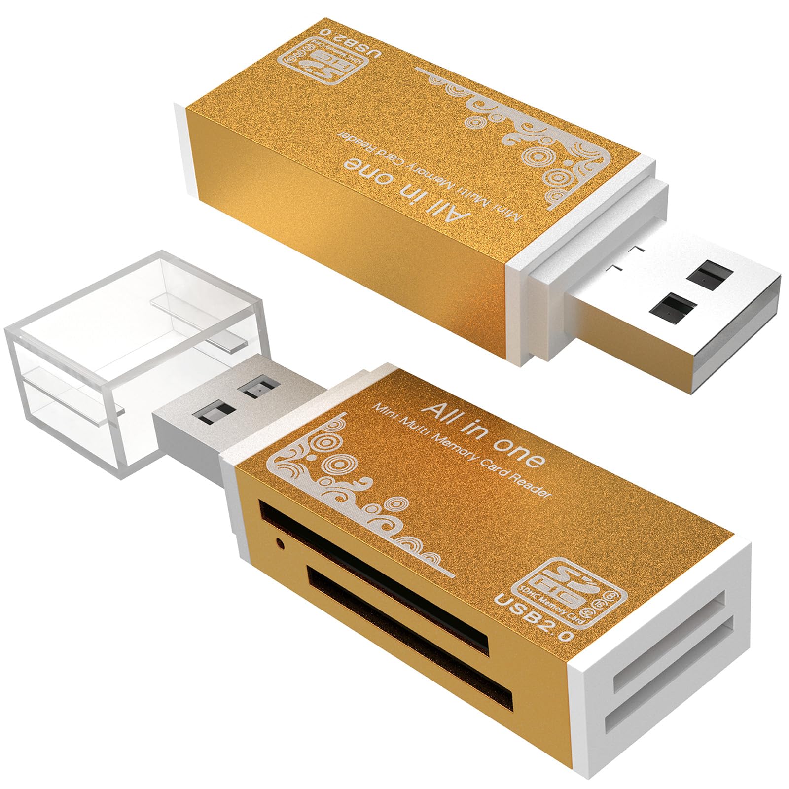 Micro SD Card Reader, 4-in-1 SD Card Reader to USB Adapter, Memory Card Reader for MS Duo/Pro, M2 Card, SDXC, SDHC, MMC, RS-MMC, Micro SDXC, Micro SDHC and TF Card (2Pack Gold)-image-0