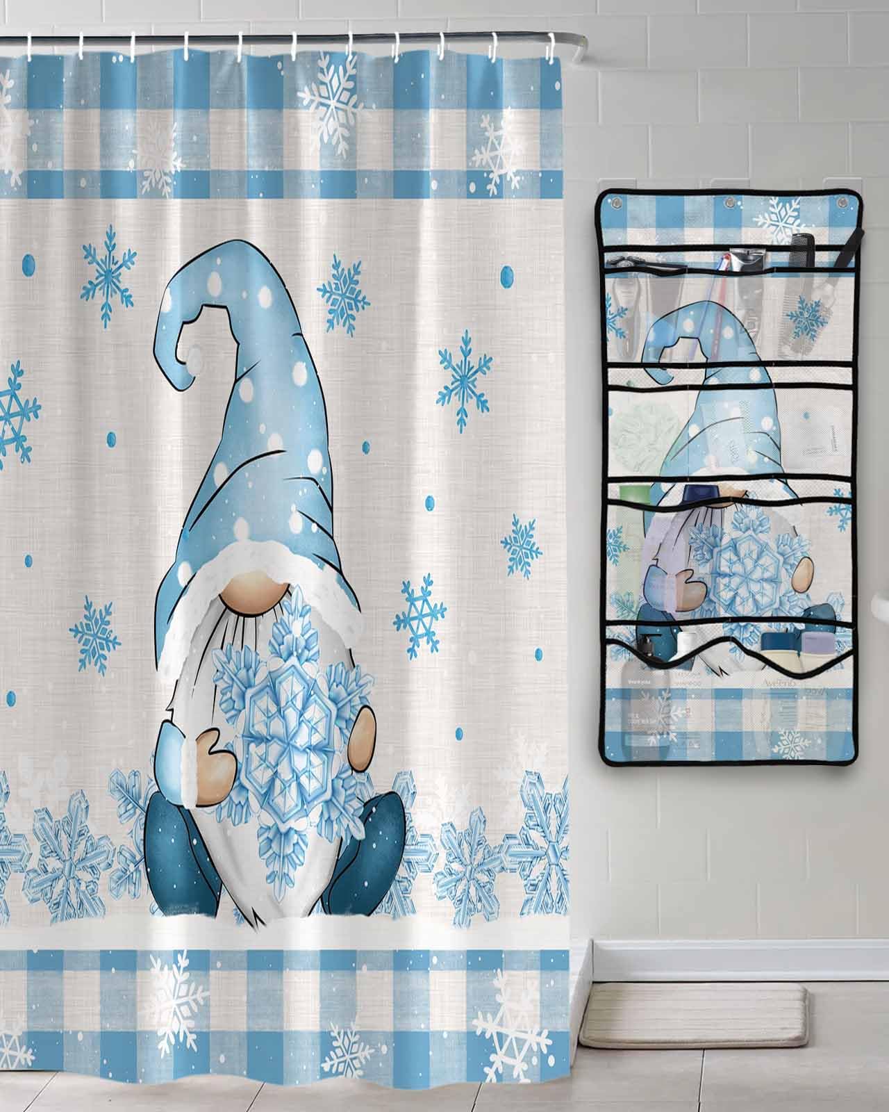 Shower Curtain Mesh Shower Organizer Hanging Set Christmas Gnome Snowflake Blue and White Buffalo Plaid Waterproof Shower Curtains