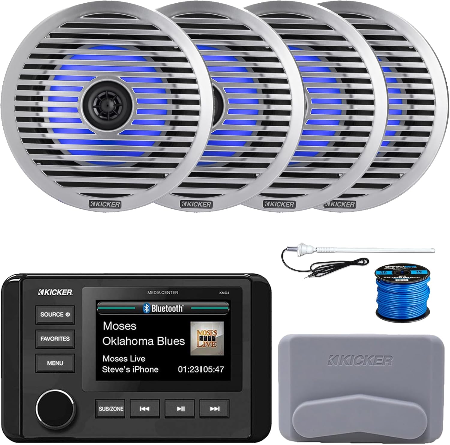 KICKER 51KMC4 3" LCD Marine Bluetooth Weather-Resistant Gauge-Style AM/FM WB/USB/AUX Media Center Receiver, 4X 6.5 130W Max Power Thin-Mount RGB LED Speakers W/Grilles, Speaker Wire, Radio Antenna