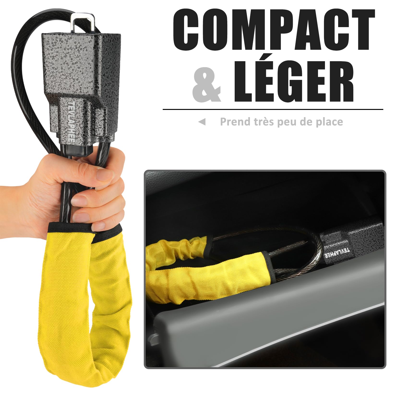 Tevlaphee Antivol Volant Amélioré, Bloque Ceinture, Tête Métal, Dispositif Antivol Auto Haute Visibilité, Robuste, Universel pour Voiture, SUV, Pickup, Jeep, Van, 3 Clés(Jaune)