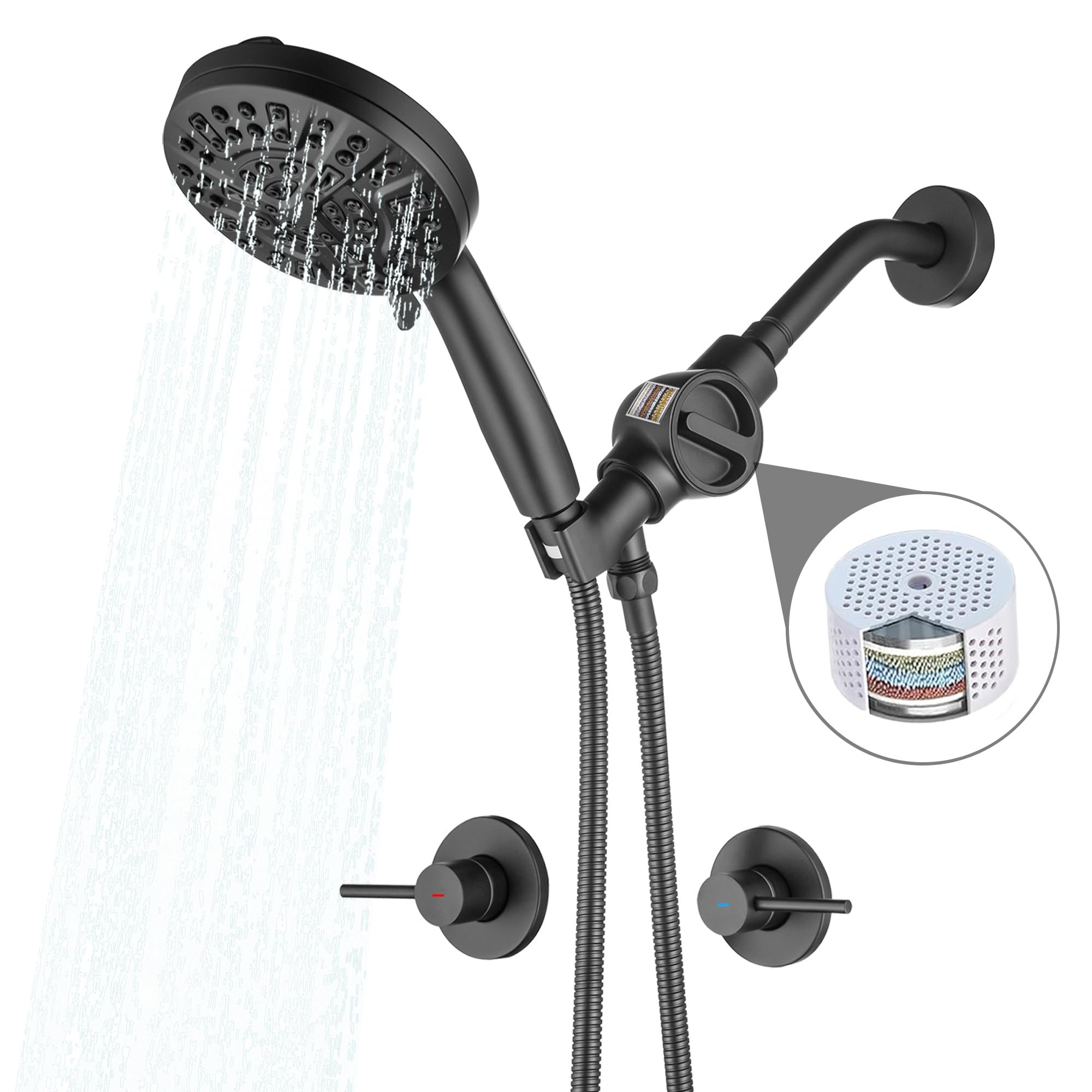 Matte Black 2-Handle Shower Faucet Set - Complete Wall Mounted Bathroom System With 8" Shower Head