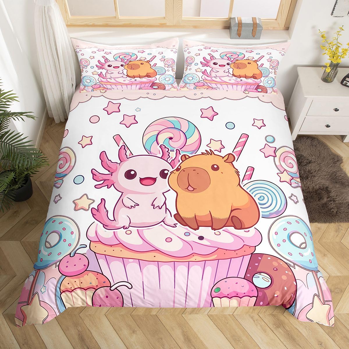 Homemissing Kawaii Capybara and Axolotl Duvet Cover Set Super King Size Funny Animal Bedding Set for Kids Women Men Donuts Duvet Cover with 2 Pillowcases Whimsical Dessert Bed Sets