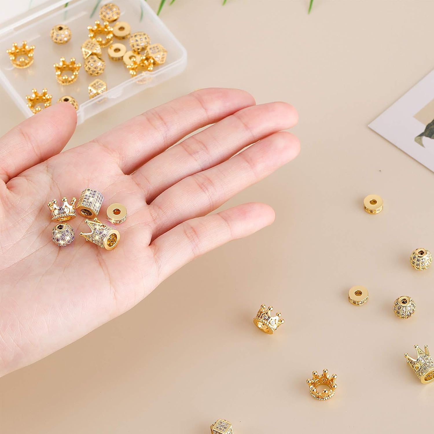 40 Pieces King Crown Charms 8mm Round Rhinestone Beads Hexagon Big Hole Spacer Beads Bracelet Connector for DIY Xmas Jewelry Crafts Making (Gold with White Zircon)