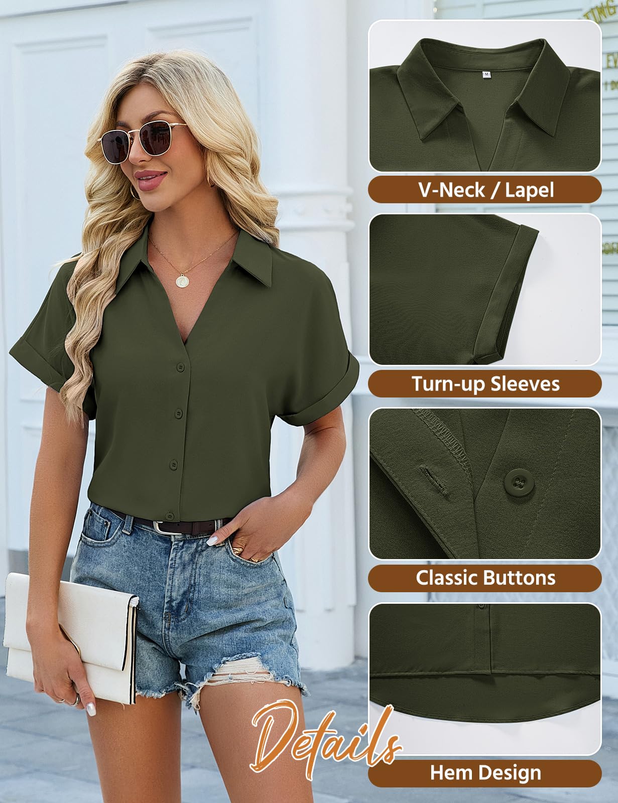 HEEKPEK Camicia Donna Estiva Camicetta Manica Corta Elegante Blusa Scollo a V Top Maniche a Pipistrello con Bottoni Maglietta Classico Tinta Unita Moda Casual Lavoro Shirt