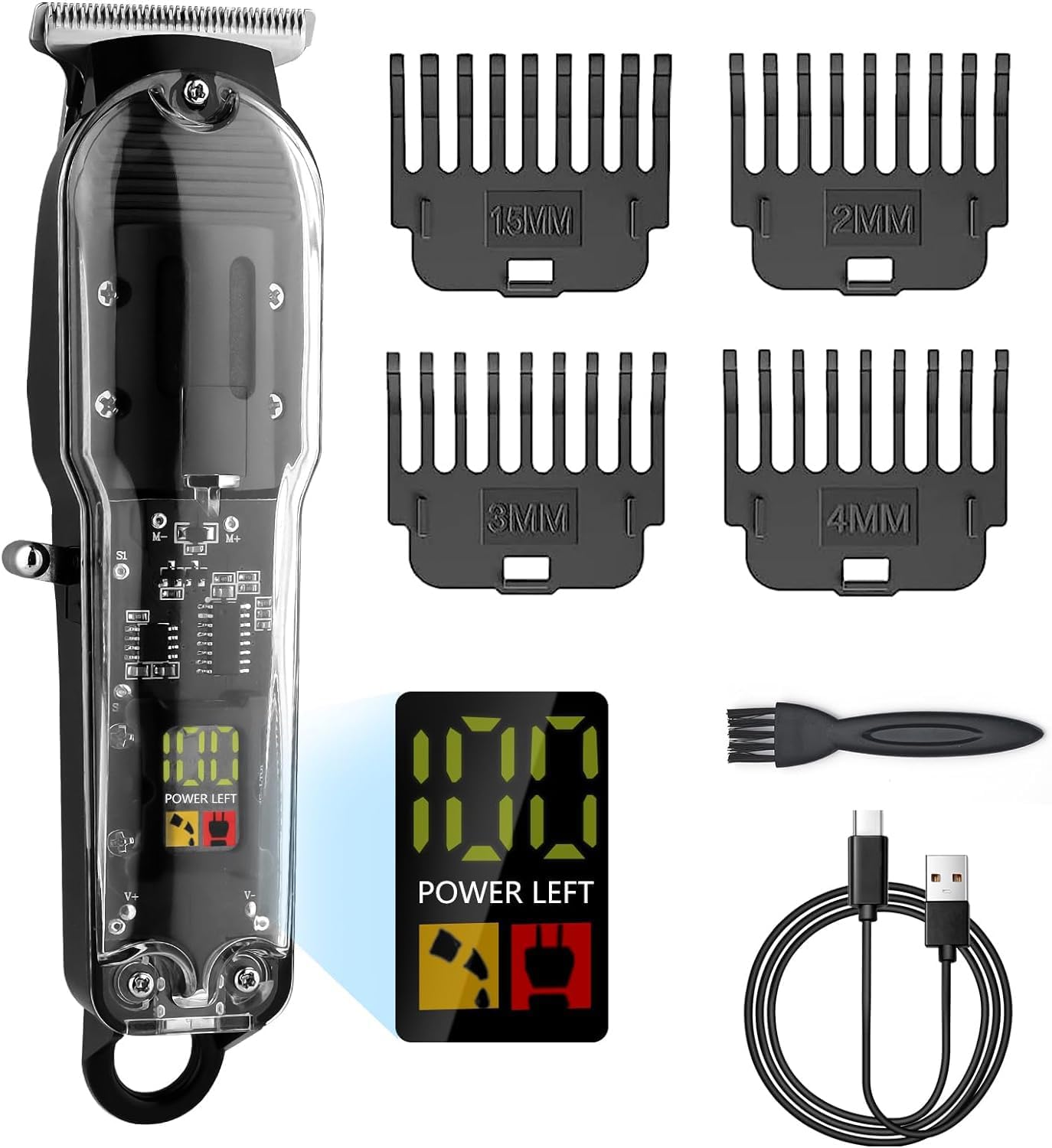 Professionele tondeuse, tondeuse voor heren, baardtrimmer, baardtrimmer, precisietrimmer, langhaartrimmer, waterdicht, led-display, oplaadbare USB