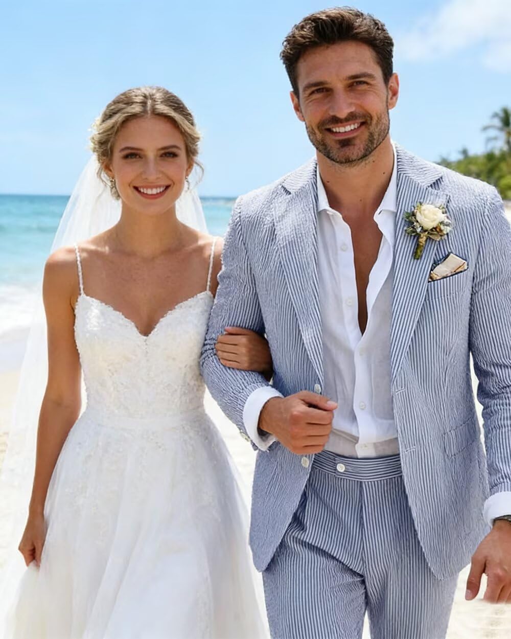 Seersucker Mens Suit 2 Piece Slim Fit Stripe Suits Tuxedo Blazer Jackets Pants Set Summer Beach Wedding Outfit for Men