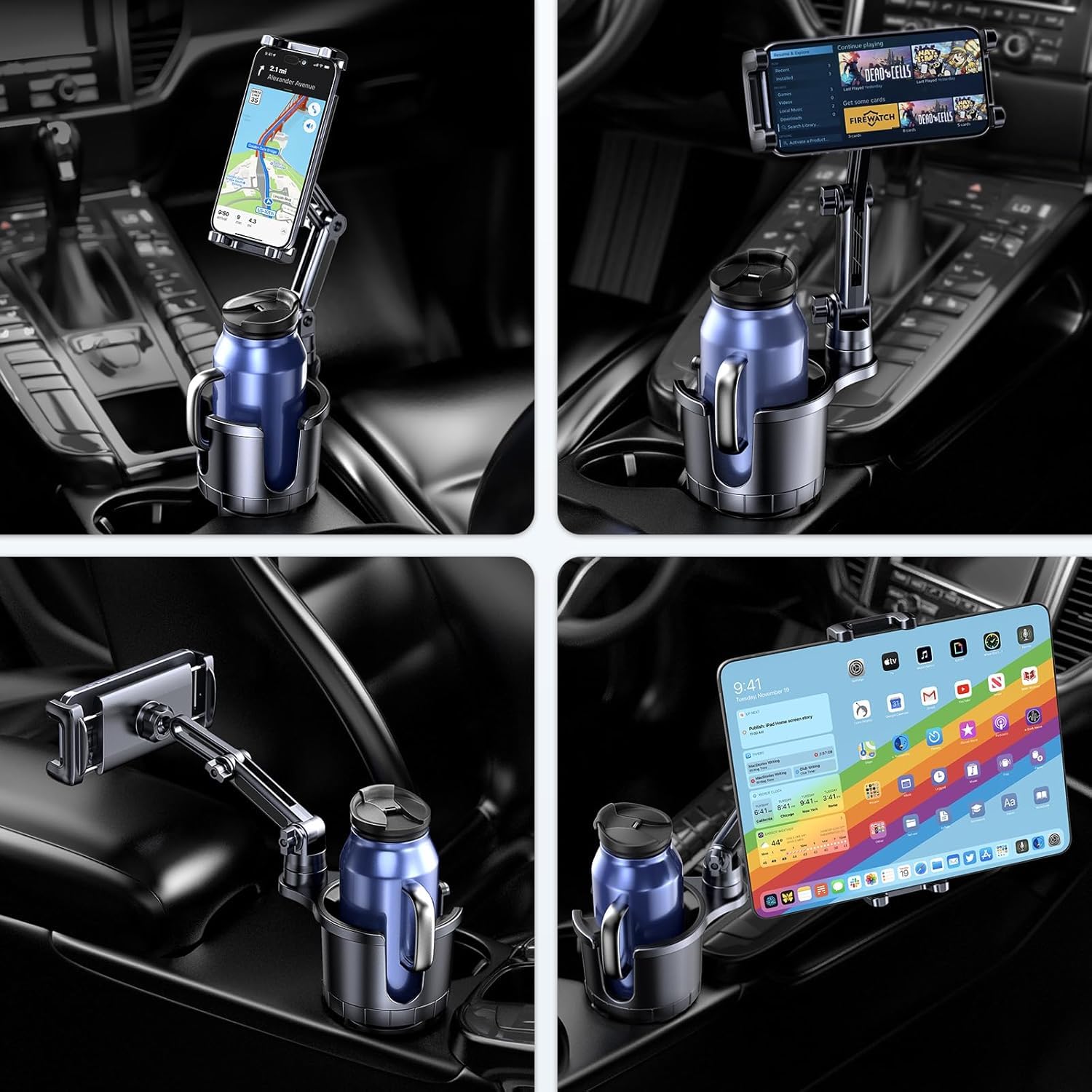 Support de téléphone portable 2 en 1 pour tasse, porte-gobelet de voiture avec long bras réglable, rotatif à 360 °, compatible avec tablette, tous les smartphones
