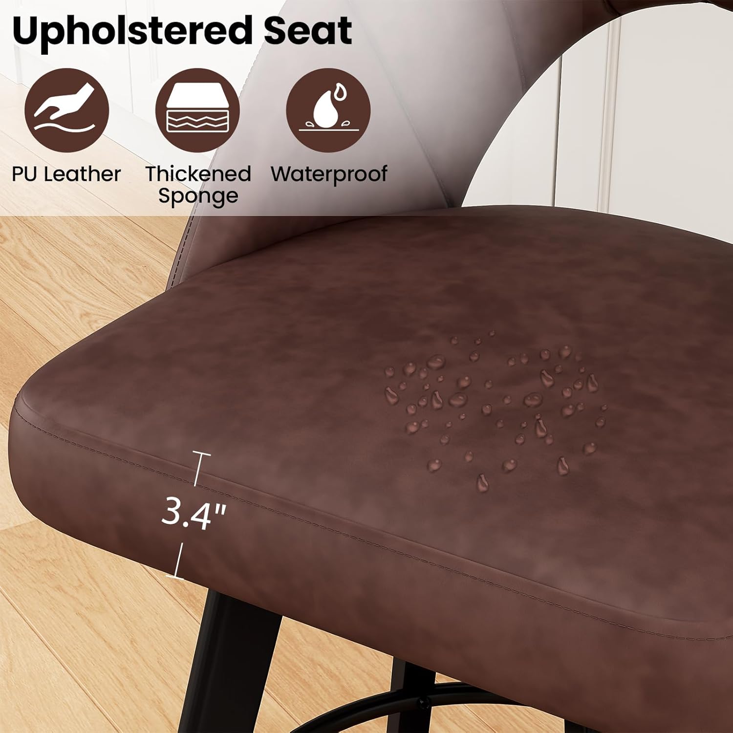 REONEY Bar Stools Set of 2, 24” Swivel Counter Height Barstool with PU Leather Upholstered Seat, Hollow Curved Back, Solid Wood Legs & Metal Footrest, Kitchen Island Chairs for Dining Room, Brown