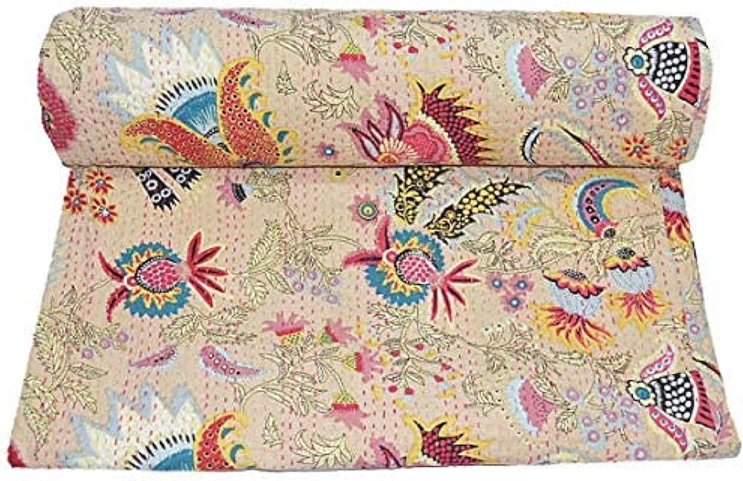 Handmade Twin Size Pure Cotton Bedspread Queen Size Quilt Kantha Stitch Kantha Quilt Cover Reversible Throw Quilt Bedroom Home Bedding Decor Quilts, 60x90 inch. (Beige Multicolor)