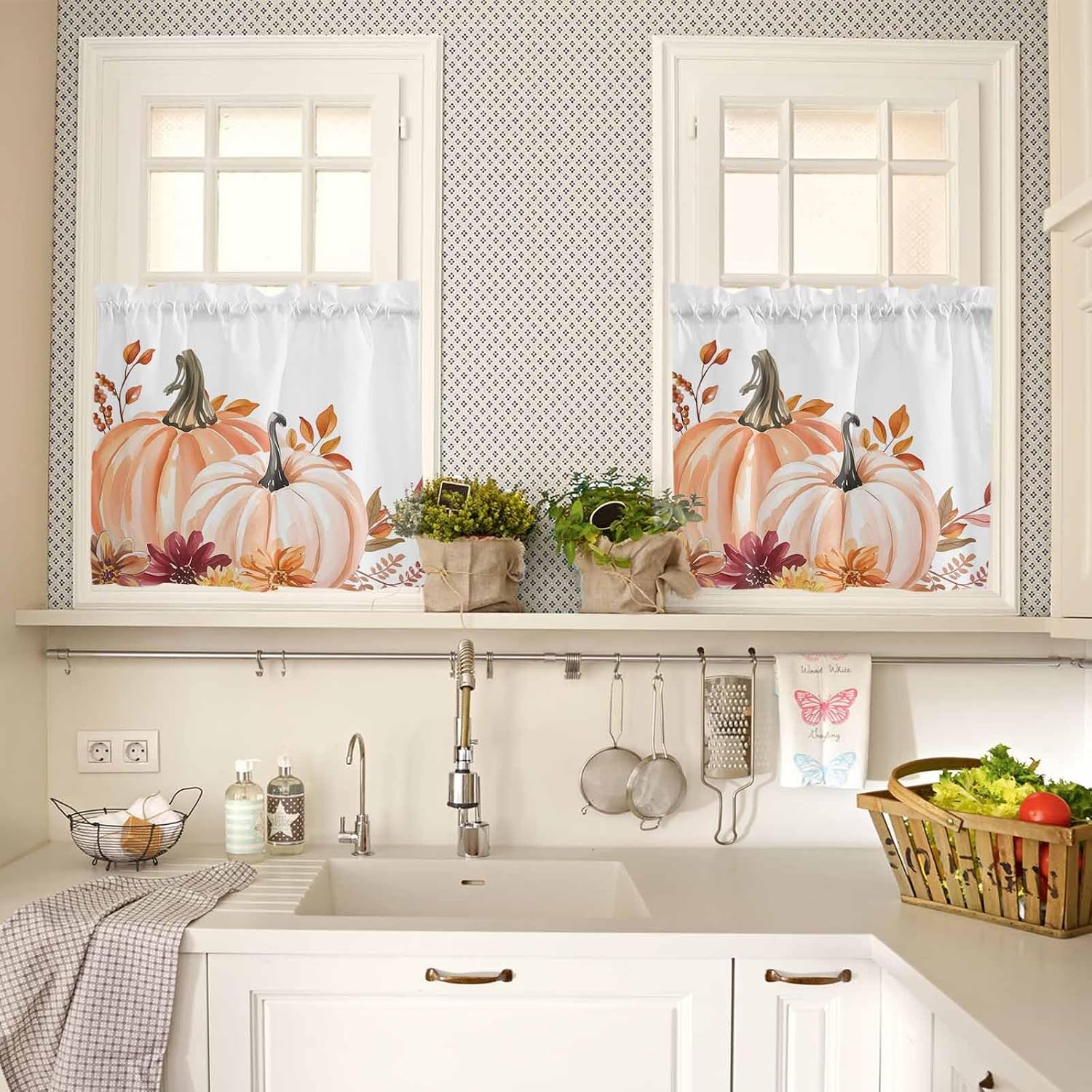 Semi-Sheer Rod Pocket Kitchen Curtain Valance and Tiers Set 24 Inch Length, Thanksgiving Fall Pink Pumpkin Leaves Curtains Living Room Bedroom Bathroom Valance 3 Piece Set