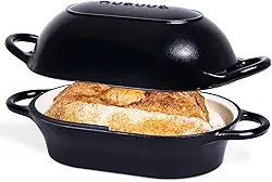 nuovva Forno holandês para assar pão de fermento – Panela de pão de ferro fundido esmaltado – Panela antiaderente segura para forno – retangular, preta, 24 cm x 16 cm