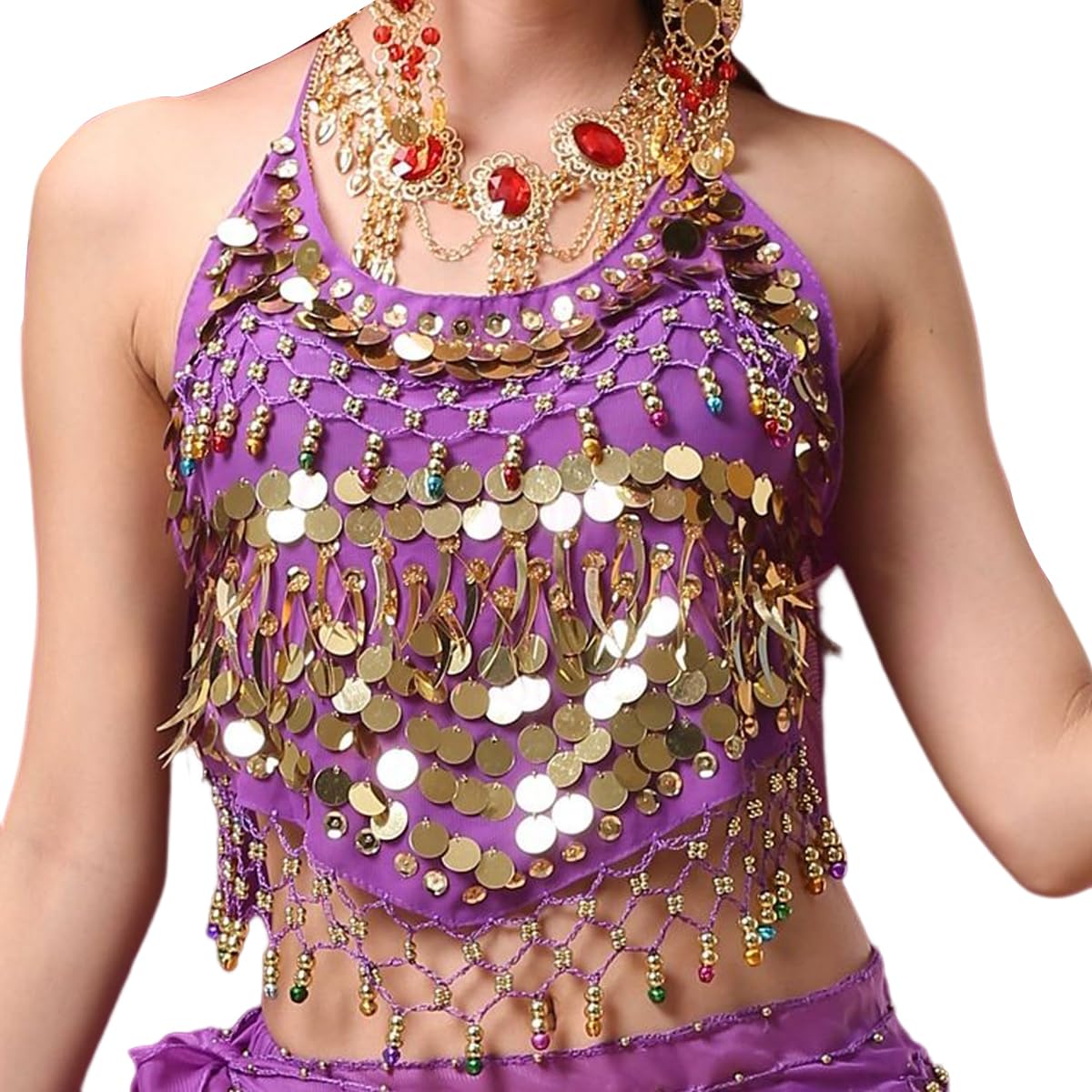 Samheng Women's Purple Halter Neck Bra For Belly Dance, Backless Padded Bra Top Camisole Halter Crop, Bandage Tank Top Sequins Belly Dance Crop Top For Festival Party Clubwear