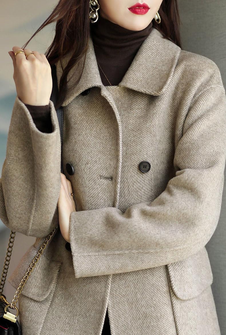 BININBOX Women's Casual Thicken Double Breasted Pea Coat Mid Long Wool Coats with Pockets Women Mid Peacoat