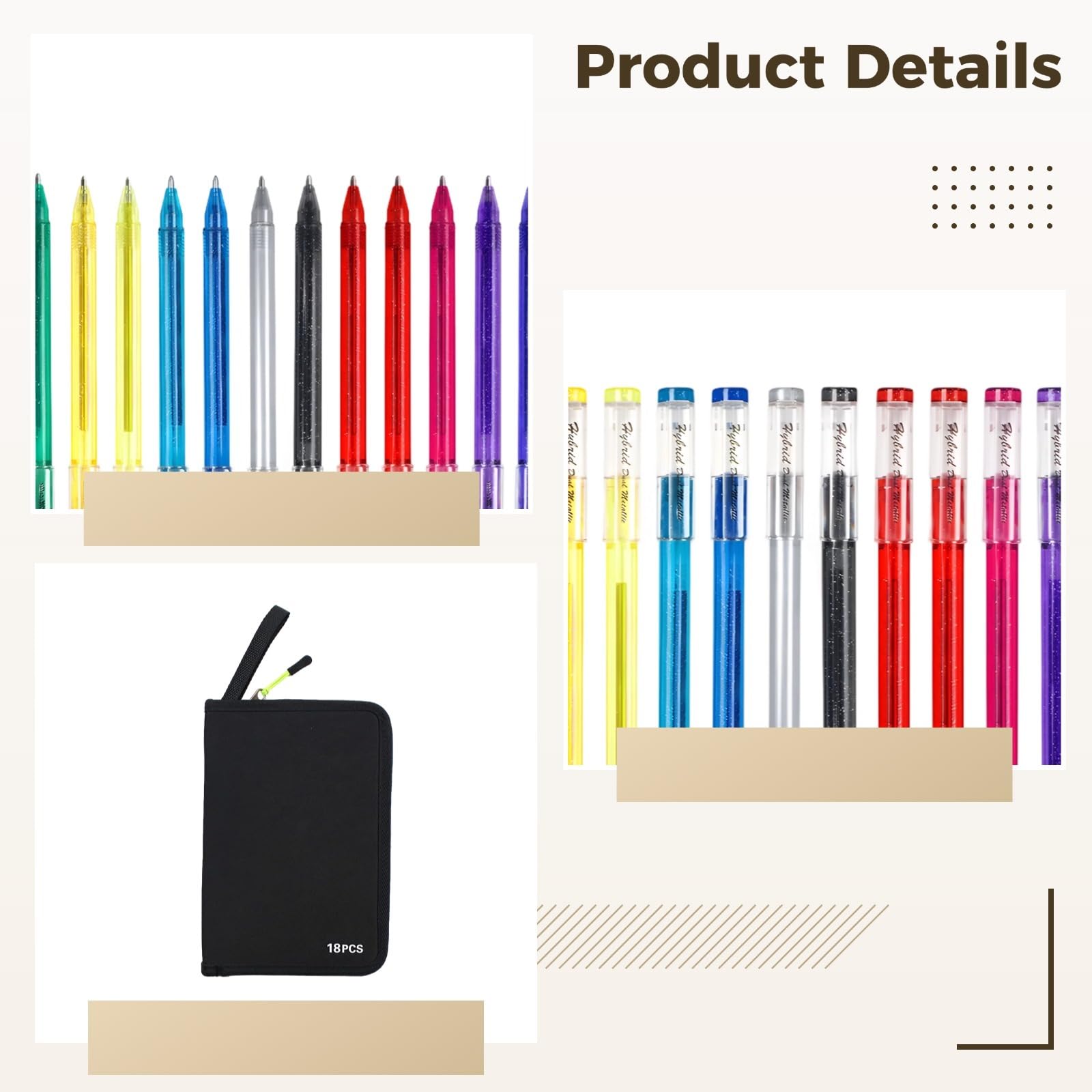 Stylos gel pailletés pour coloriage adulte, lot de 18 couleurs avec sac de rangement Oxford, double effet scintillant, écriture fluide, pointe 1,0 mm pour tracés précis