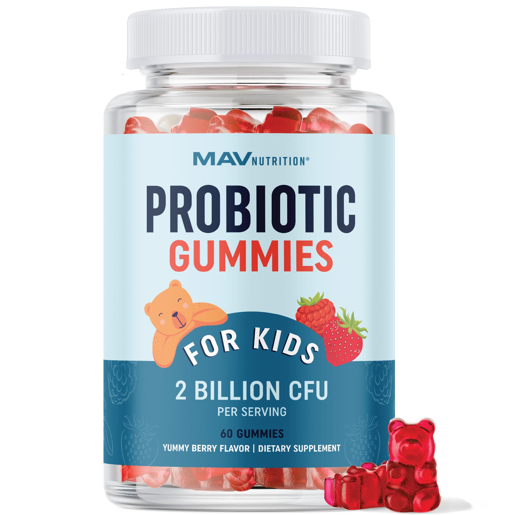 MAV NUTRITION Probiotics for Kids Vitamins - Flora Health Support Gummies with 2 Billion Live Probiotic Cultures Fibre Supplement; Natural Flavour Gluten-Free; 60 Gummies