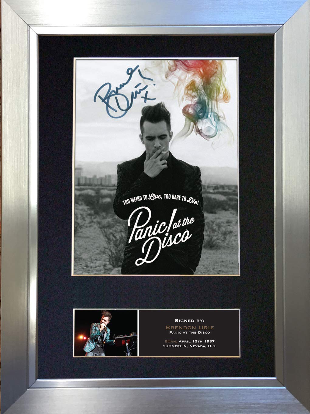 The Autograph Collector Gold,Silver,Black Brendon Urie Panic At The Disco Signed Autograph Mounted Photo Reproduction Print A4 Very Rare (297 X 210Mm) #445 (Silver Frame)