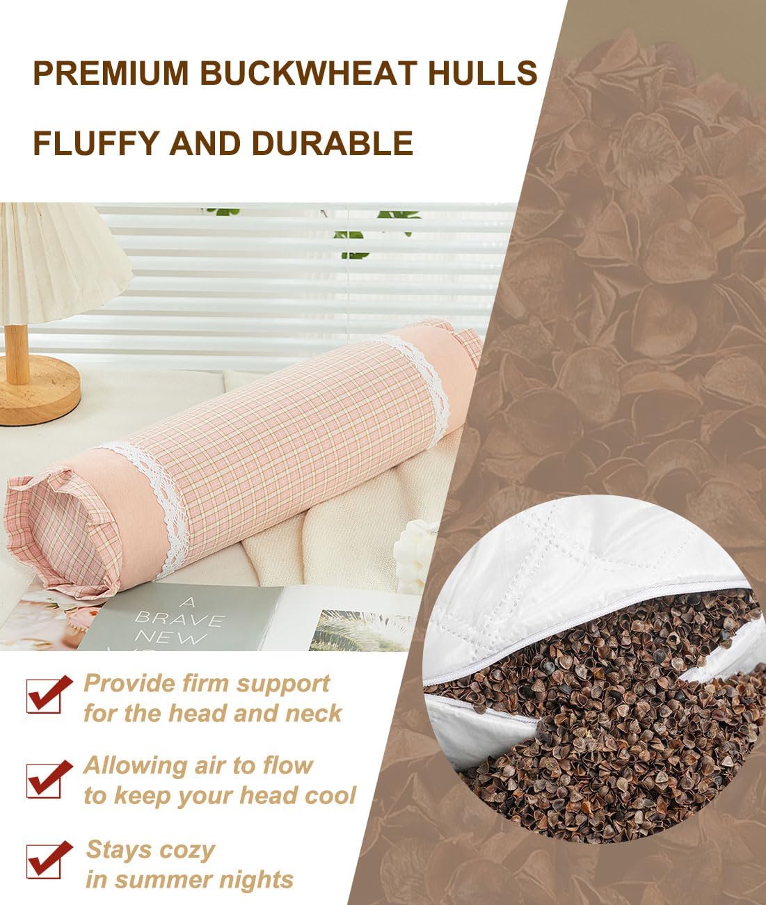 Buckwheat Neck Roll Pillow, Adjustable Bolster Cylinder Pillows with Plaid & Lace Trim Pillow Cover, Firm Cervical Support Round Pillows Neck Pain Relief for Sleeping(16" x 4") (Pink) - Image 2