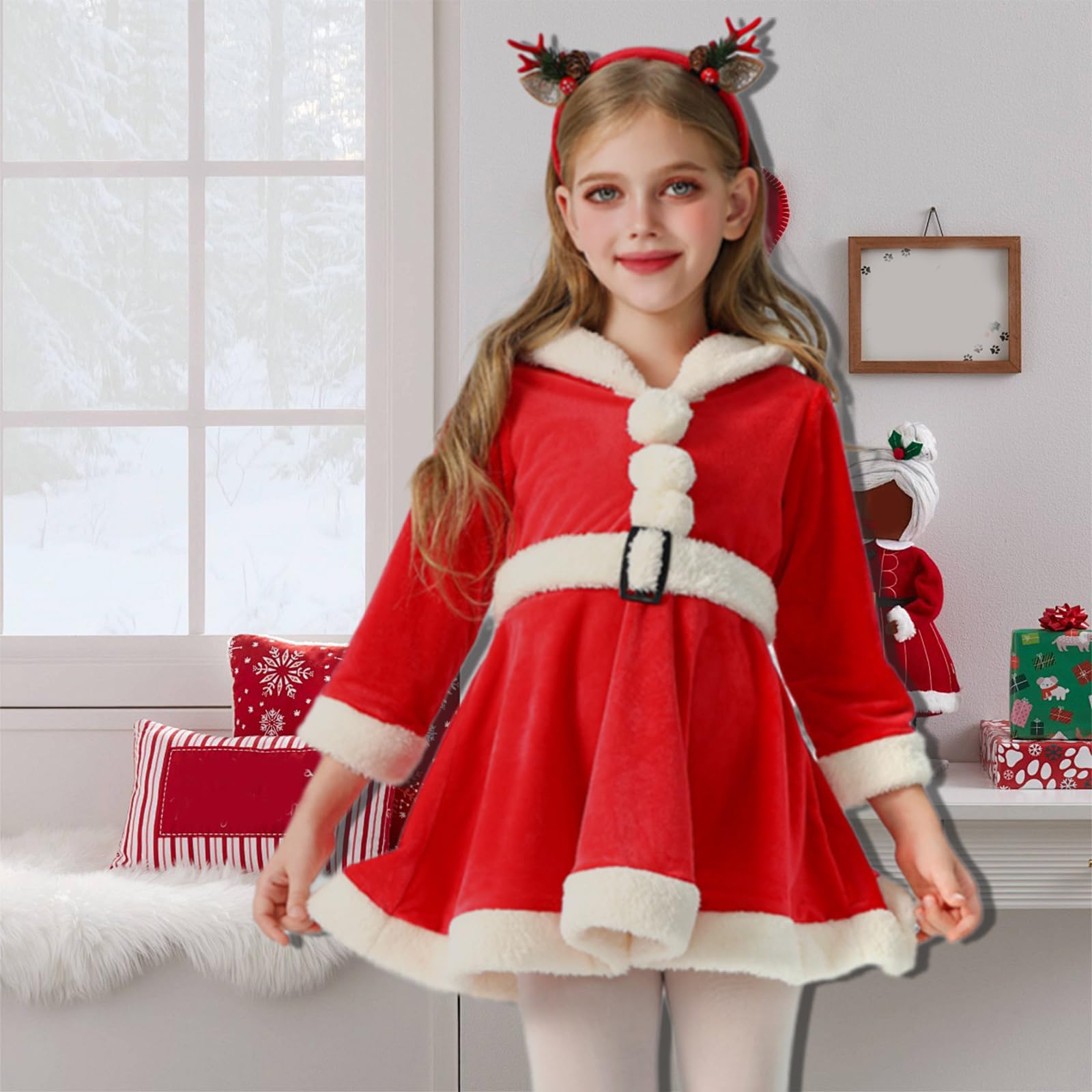 Vestito da renna di Natale per bambini, cosplay, feste, costume a maniche lunghe, vestito invernale con cappuccio per le festività natalizie
