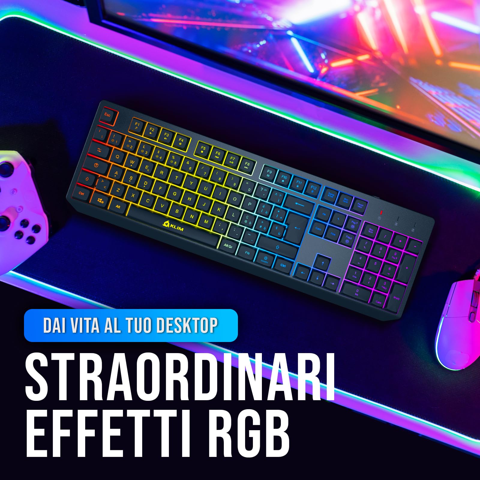 KLIM™ Chroma - Tastiera wireless per gamer QWERTZ Deutschland, sottile, durevole, ergonomica, discreta, impermeabile, silenziosa + tastiera Gamer retroilluminata per PC Mac + tastiera PS4 + nuova