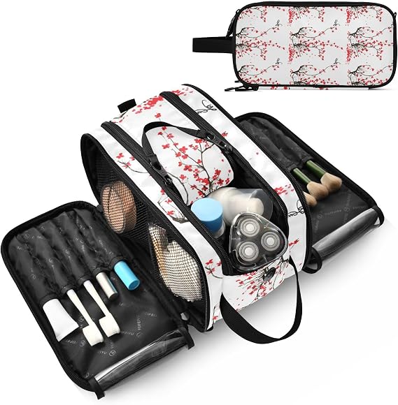 Japanese Cherry Tree Branches with Red Flowers on White Background Women's Portable Makeup Bag with Handle, Cosmetic Bag, Travel Cosmetic Bag Durable Toiletry Storage Organizer 11 x 7 x 5.7 inch