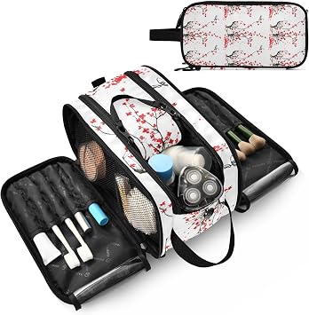 Japanese Cherry Tree Branches with Red Flowers on White Background Women's Portable Makeup Bag with Handle, Cosmetic Bag, Travel Cosmetic Bag Durable Toiletry Storage Organizer 11 x 7 x 5.7 inch