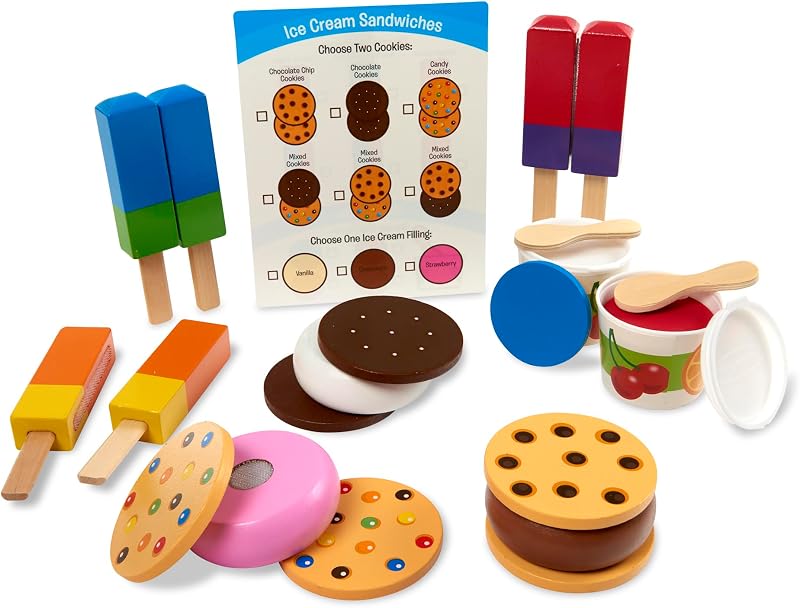 Wooden Frozen Treats Ice Cream Play Set (24 pcs) - Play Food and Accessories Food Toys for Toddlers and Kids 3+