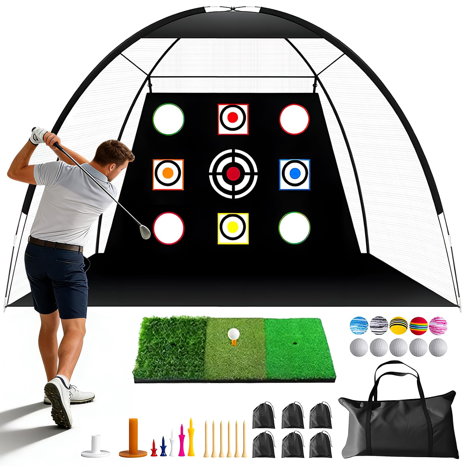 Golf Practice Net, 10x7ft Golf Chip Net with Tri-Turf driving net 10 Balls & Targets, Golf Training Net Training Aid Set for Indoor outdoor Garden Backyard Driving Chipping, Improve Accuracy