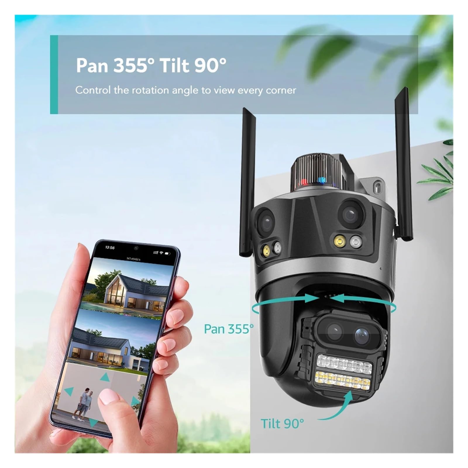 Telecamera WiFi PTZ for esterni 4K 8MP con obiettivo quadruplo | Telecamera CCTV con tracciamento automatico AI con display a 4 schermi e zoom 8X(Eu plug,Camera Add 128G Card)
