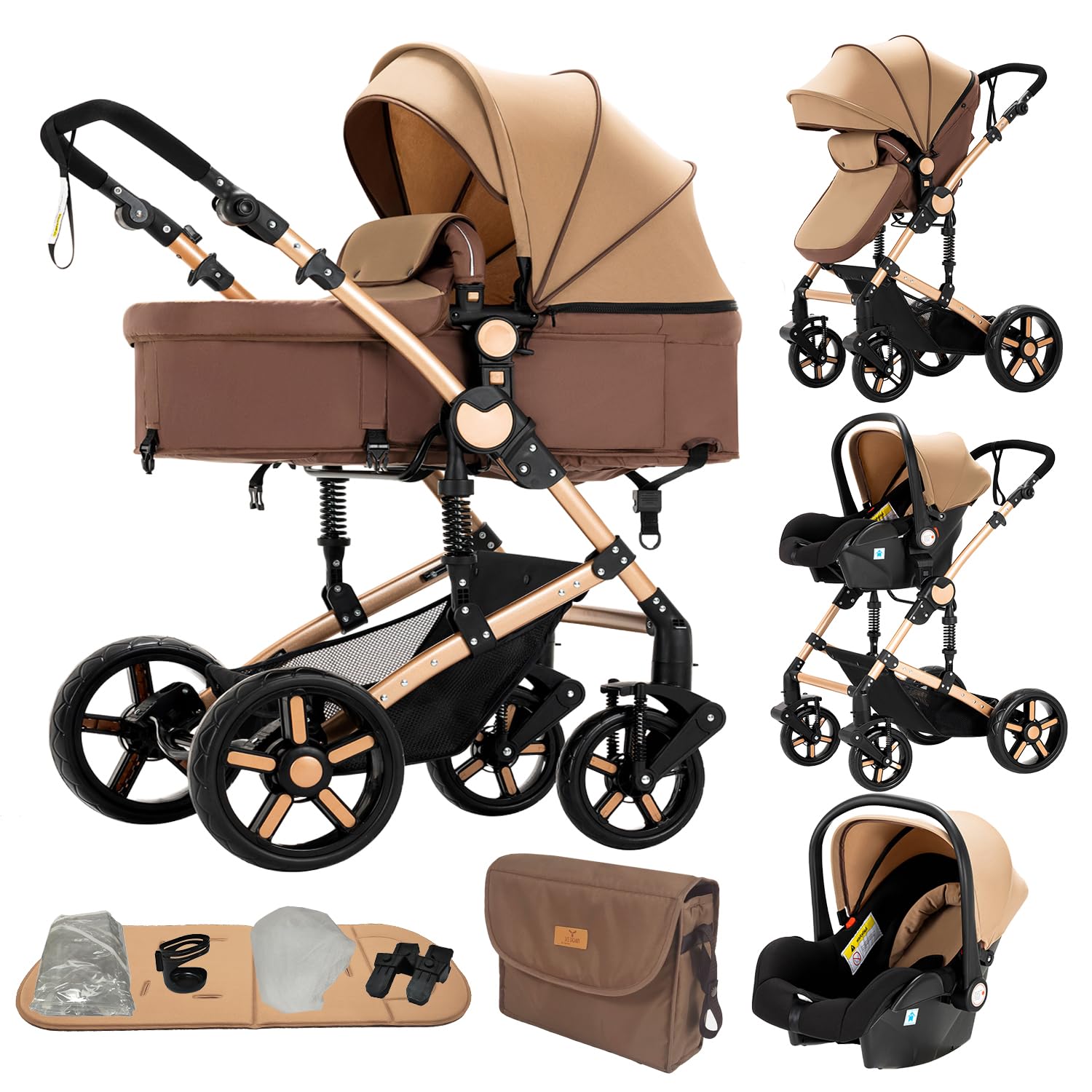 Cochecito 3 en 1 Plegable Uniclic con Bastidor Triangular,Caqui | Suspensión doble resorte integrada, asiento reversible para paseos infantiles