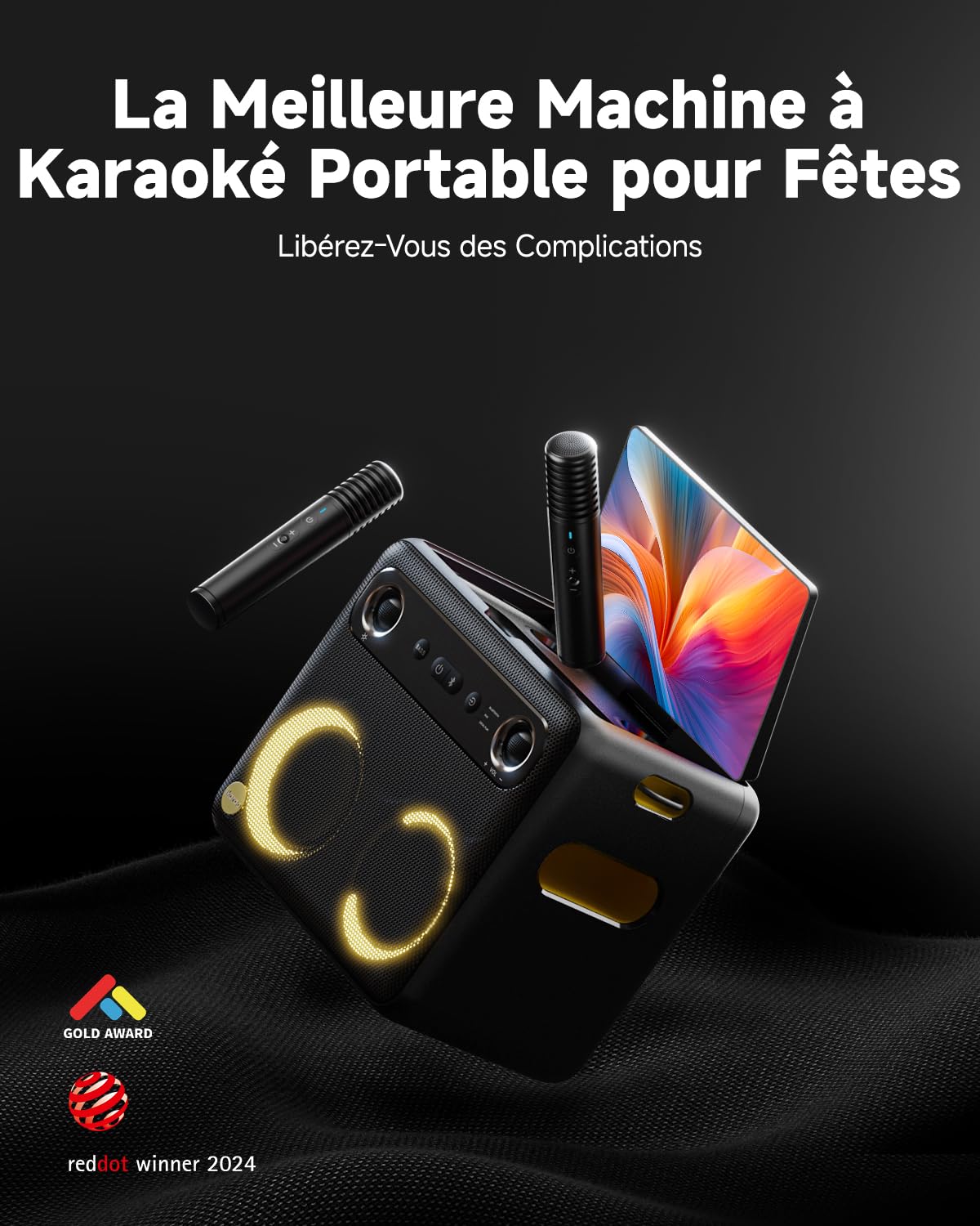 Karaoké Adulte avec Écran, Haut-Parleur Bluetooth Portable Karaoke pour Adultes avec 2 Microphones sans Fil, Système PA pour Adultes et Enfants avec Lumières LED pour Les Fêtes-Break X2 Noir