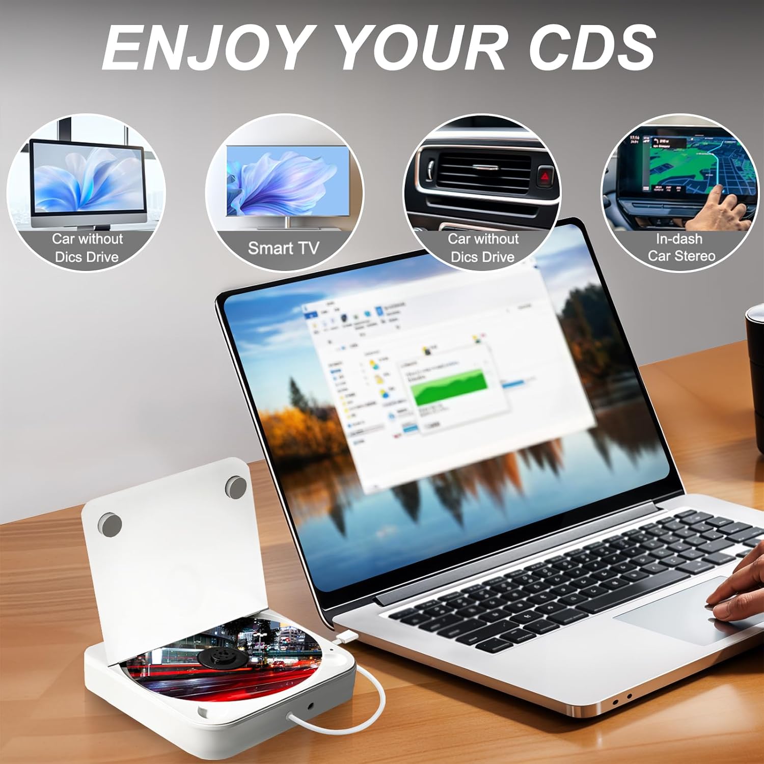 External Universal CD Player for Car,Extra USB Extension Cable,Portable CD Player with USB Port AUX Port,for Vehicle,Laptop,TV,Computer,for Android 4.4 and Above Navigation,Plug and Play