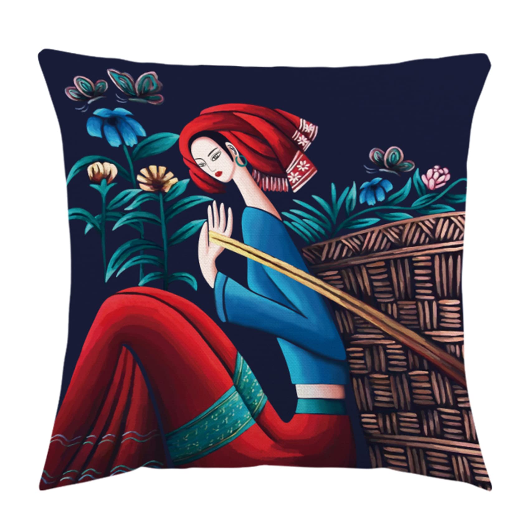 Funda de Almohada Decorativa Seda Estilo Chino, Funda cojín Yunnan Dai, 2 Piezas, Fundas Decorativas cuadradas Lino y algodón, decoración rústico(F)