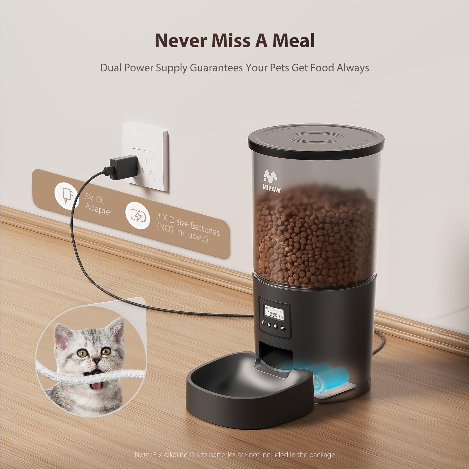 IMIPAW Automatic Cat Feeder, 5L Pet Dry Food Dispenser with Timed Programmable Portion Control, Dual Power Backup, with Desiccant Bag, 1-10 Meals, Easy Set Up, 10 Meals Per Day for Cats and Puppies view 3