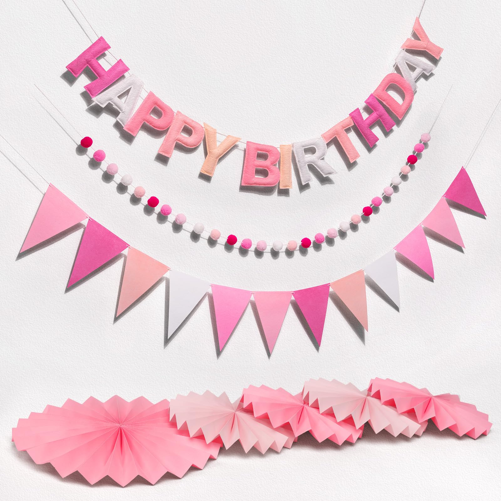 3D Happy Birthday Banner, Pre-Strung Felt Party Decorations (Pink) | Ready-to-Hang 3D Felt Set, Includes Ball Garland, Pennant Flags & Fans, Durable & Reusable, Ideal for Boys, Girls & Adults