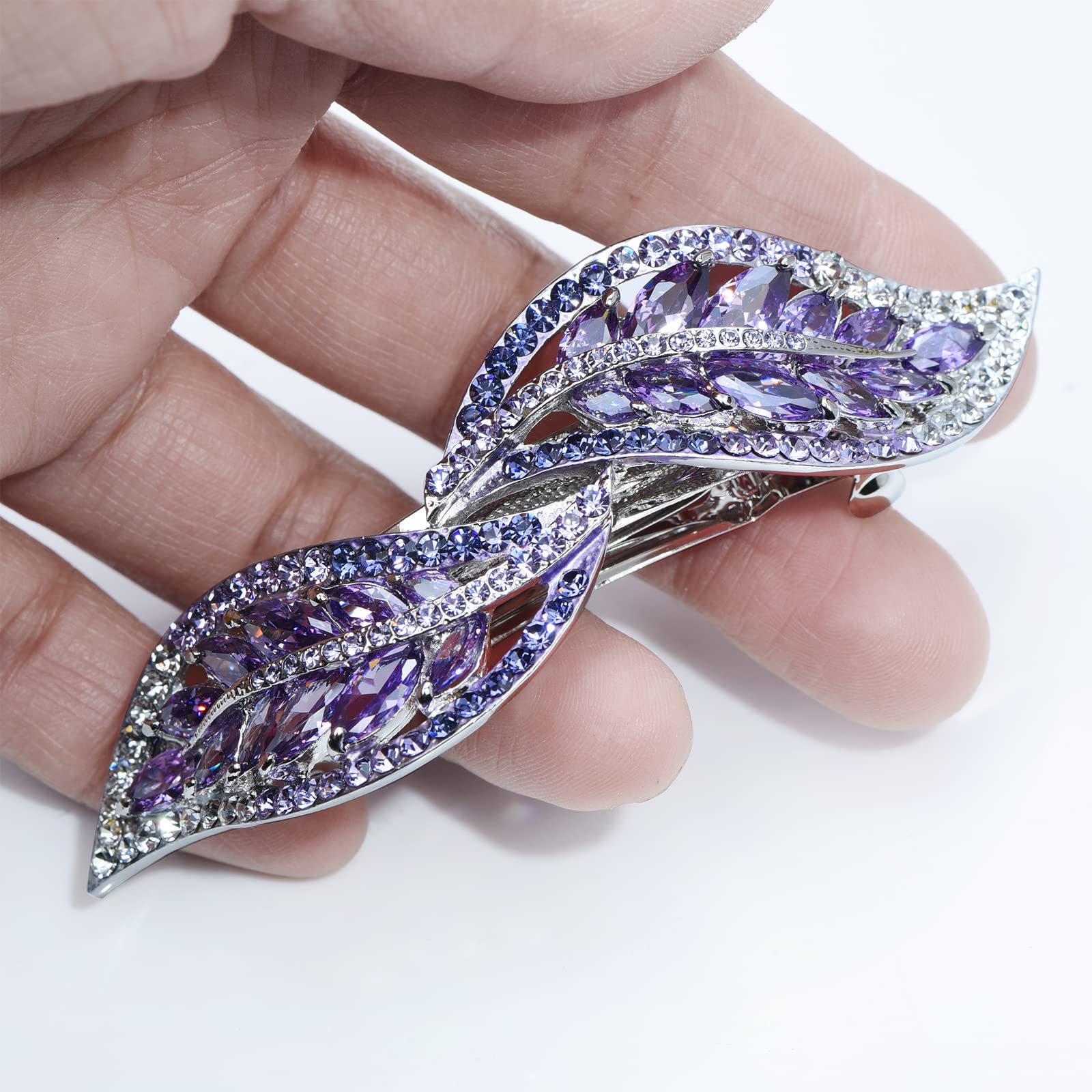 Elegante fermaglio per capelli con fiocco in cristallo, con fiocco francese, con fiocco e fiocco e fiore, accessorio per capelli per donne e ragazze (foglia viola)